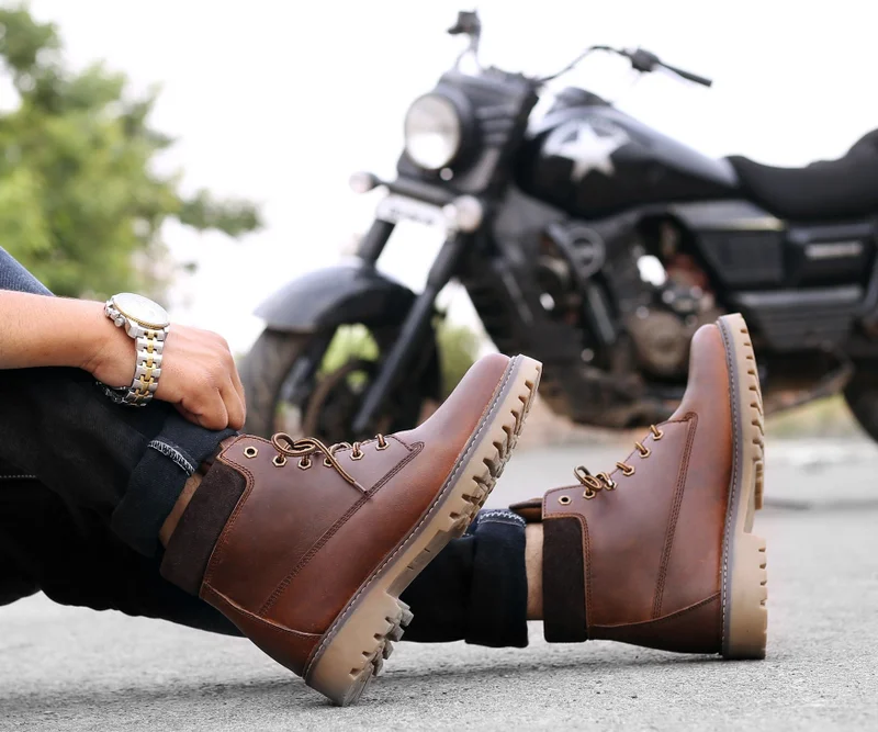 Bacca Bucci Brown Bullet Splash Proof Leather Boots for Biking & Hiking for Men | Best Price UAE